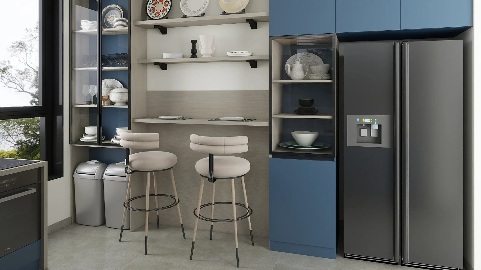 Modern blue kitchen with a two-seat breakfast bar, decorative shelves and built-in glass cabinets