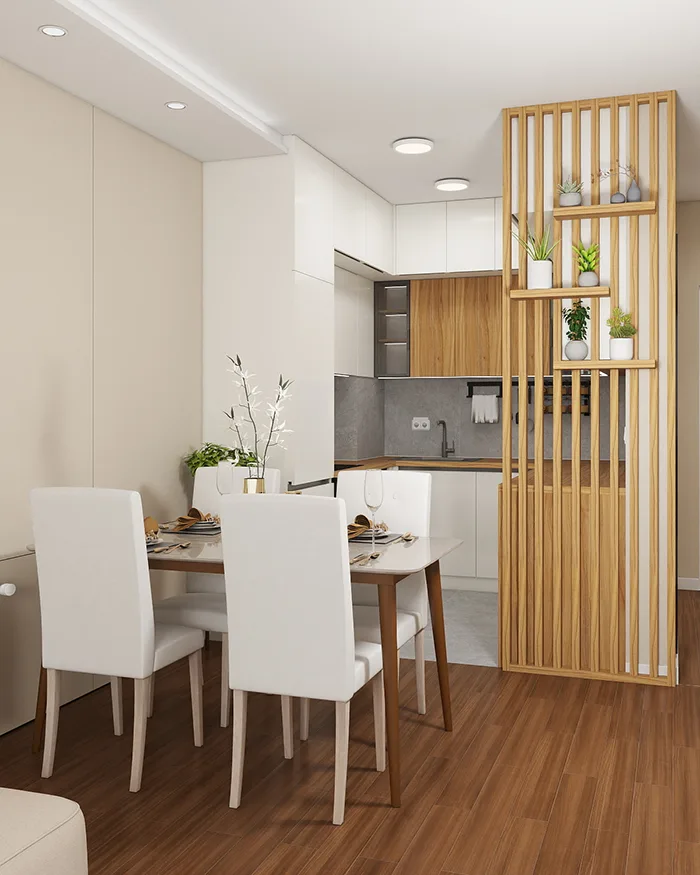 Moderna kuhinja sa trpezarijom i drvenom pregradom, dizajn enterijera stana u Beogradu