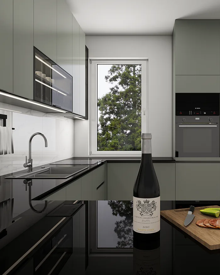 L-shaped custom kitchen design in Kosmaj - functional layout with matte olive cabinets and black worktop.