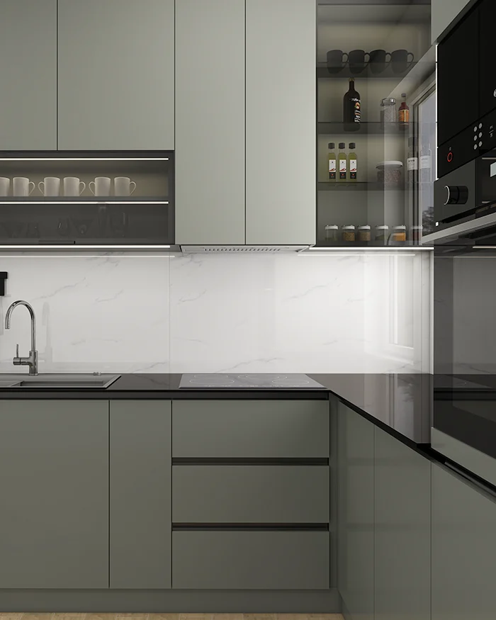 Custom kitchen in Kosmaj with built-in ovens and glass display cabinet, clean lines and LED lighting.