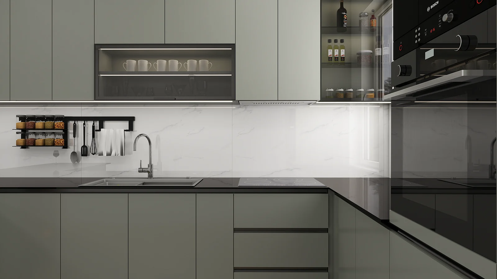 Custom modern kitchen design in Kosmaj - matte olive cabinetry, black countertop and marble-look backsplash.