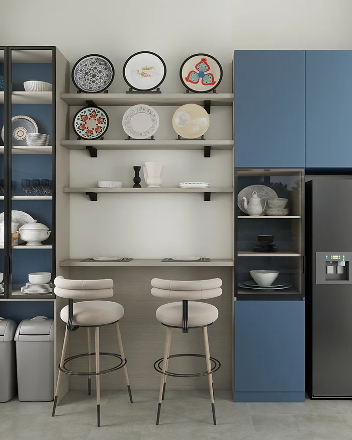 Kitchen breakfast bar in a Kosmaj villa with bar stools, open shelving and a glass display cabinet