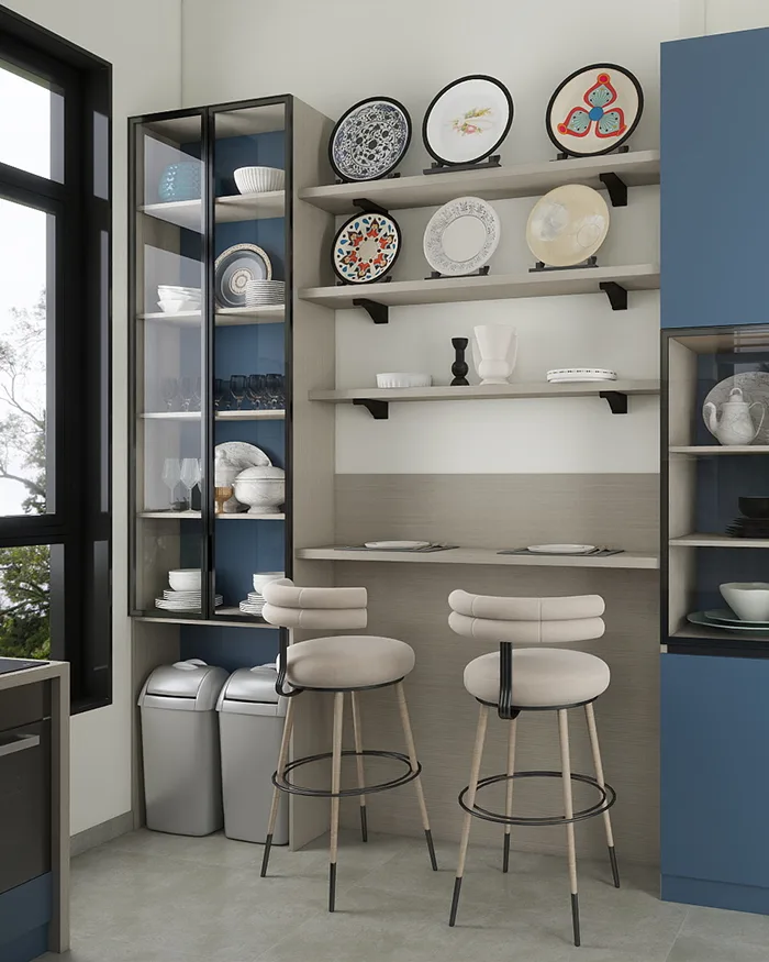 Blue kitchen design with bar stools, a tall refrigerator, glass-front cabinets and shelves for decorative tableware