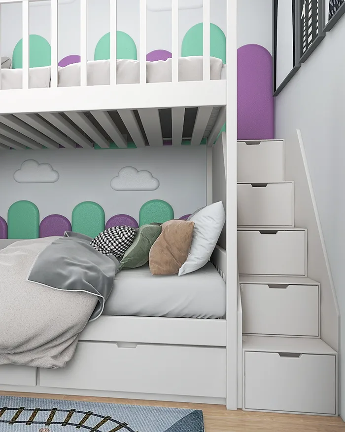 Kids room with bunk bed, storage drawers and staircase with built-in storage