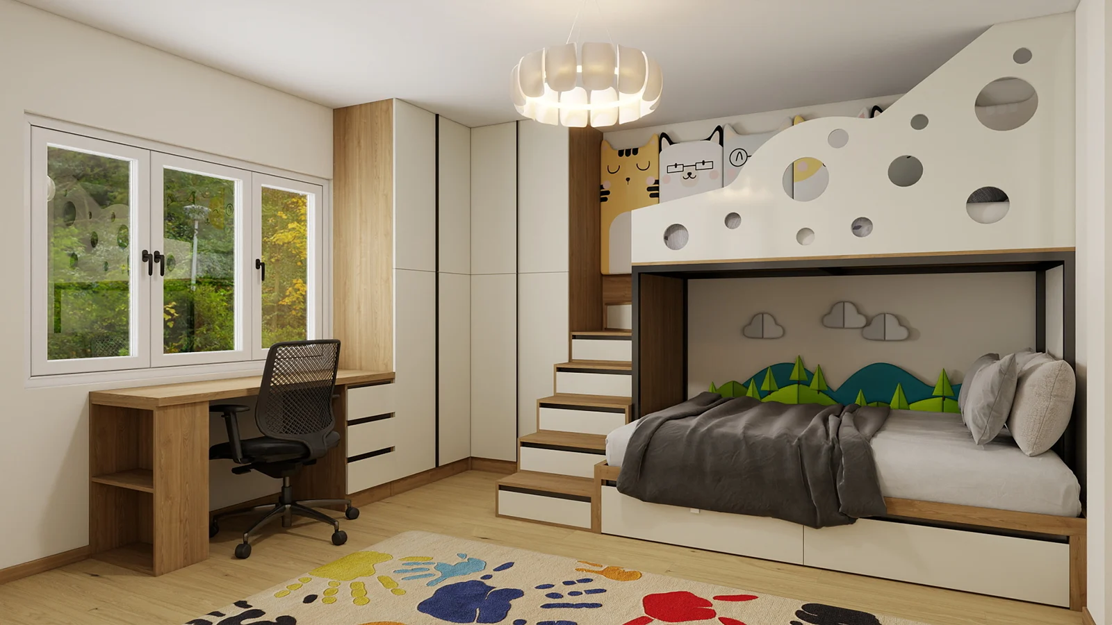 Custom children’s room with bunk bed, window desk and large built-in wardrobe