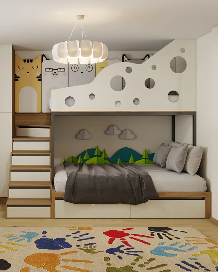 Custom bunk bed in a kids room with storage drawers, stairs and decorative wall panel