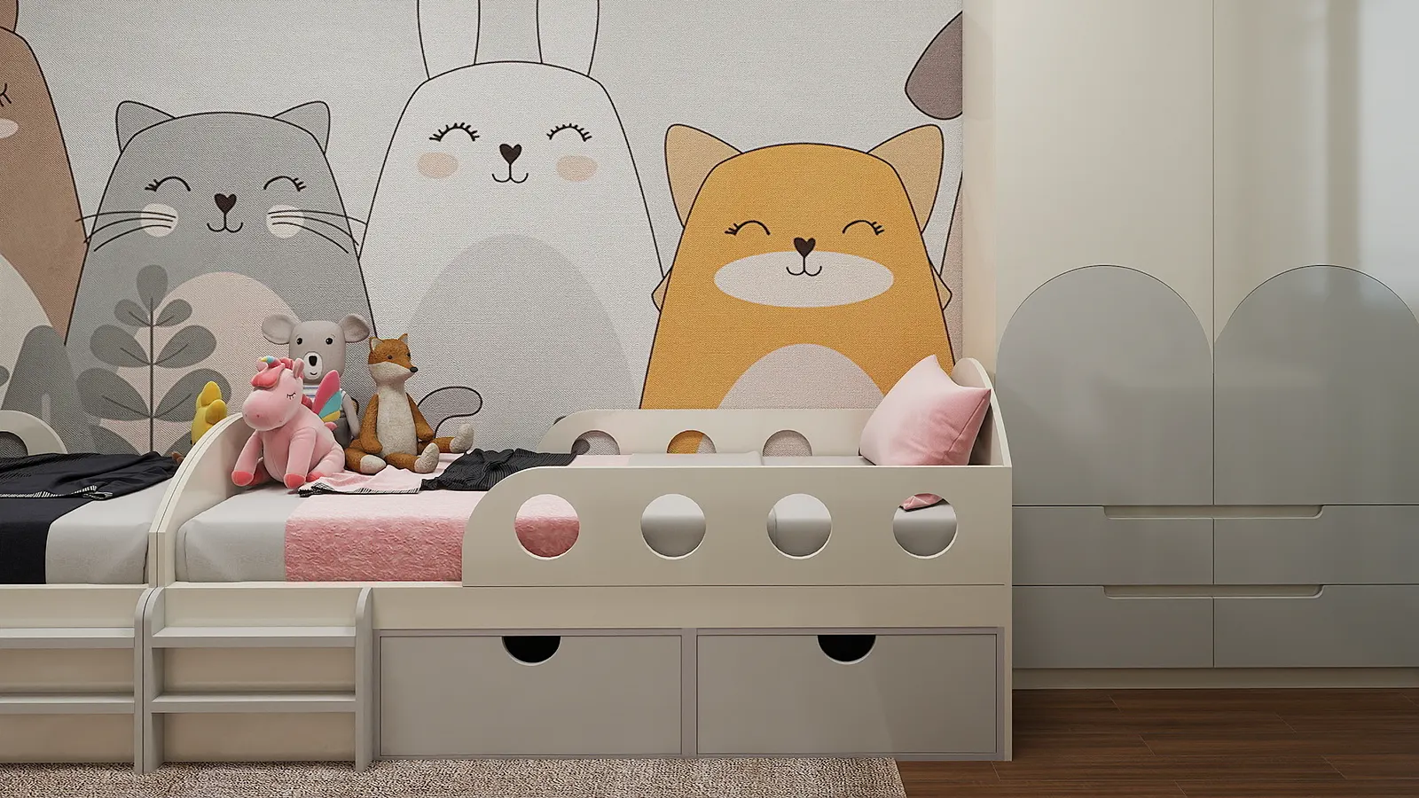 Children’s bedroom with a custom bed, wardrobe and decorative wallpaper in an apartment in Belgrade