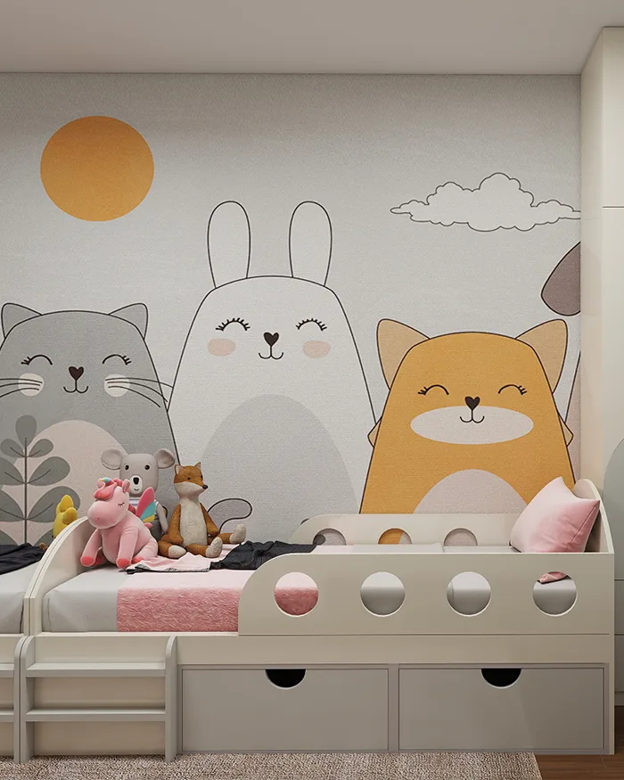 Children’s bedroom design with a custom bed, wardrobe and decor in an apartment interior in Belgrade