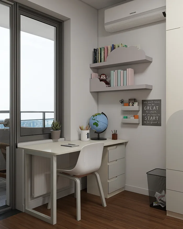 Children’s bedroom with a desk, wall shelves and a study corner in an apartment in Belgrade
