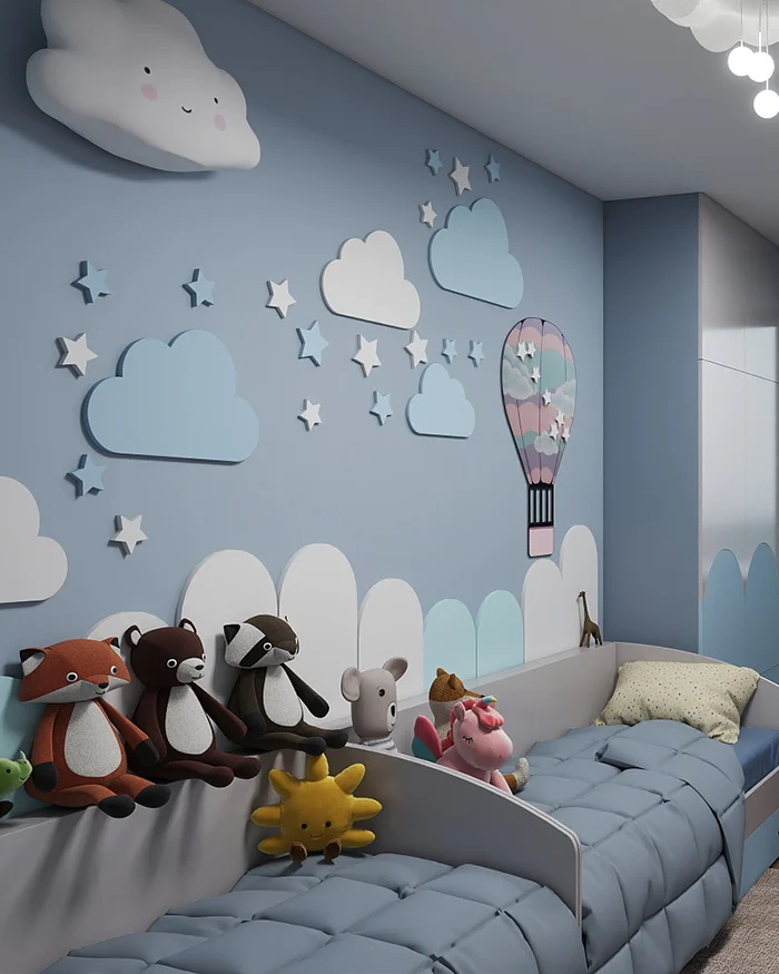 Fun Children’s bedroom design with two beds and wall decor in an apartment interior in Belgrade