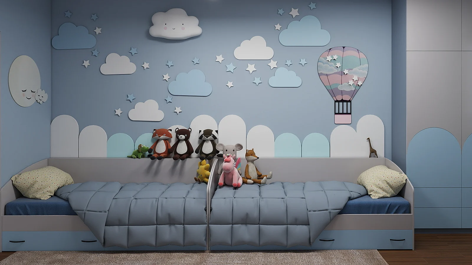 Design of a Children’s bedroom with two beds, a blue cloud wall and a built-in wardrobe in an apartment in Belgrade