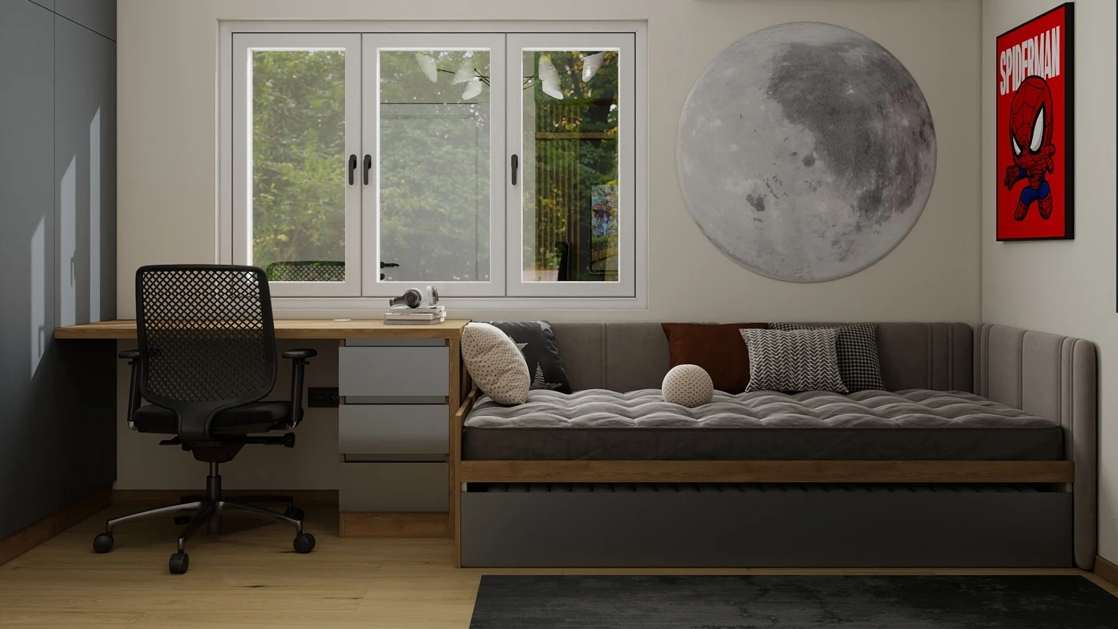 Teen room design with daybed, desk under the window and wall decor