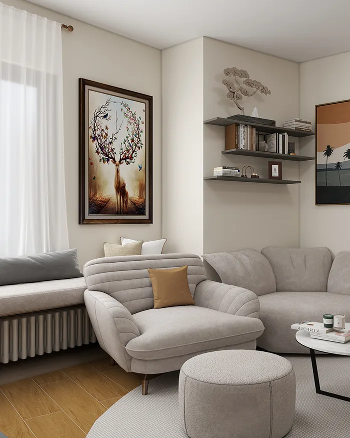  Living room design, elegant style, neutral colors, modern interior design in Belgrade