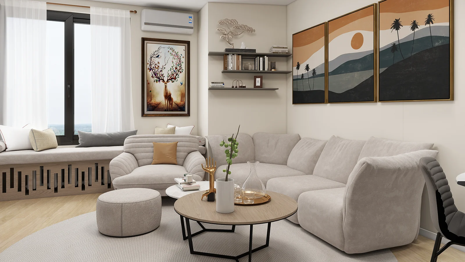  Modern living room in soft beige shades, interior design with designer custom-made furniture