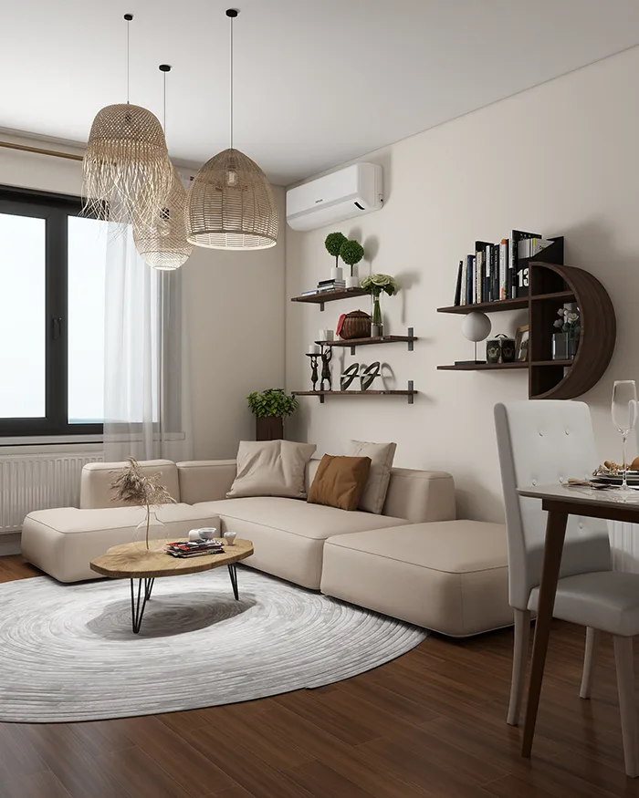 Dizajn Dnevne soba sa bež ugaonom garniturom, zidnim policama i okruglim tepihom u stanu u Beogradu