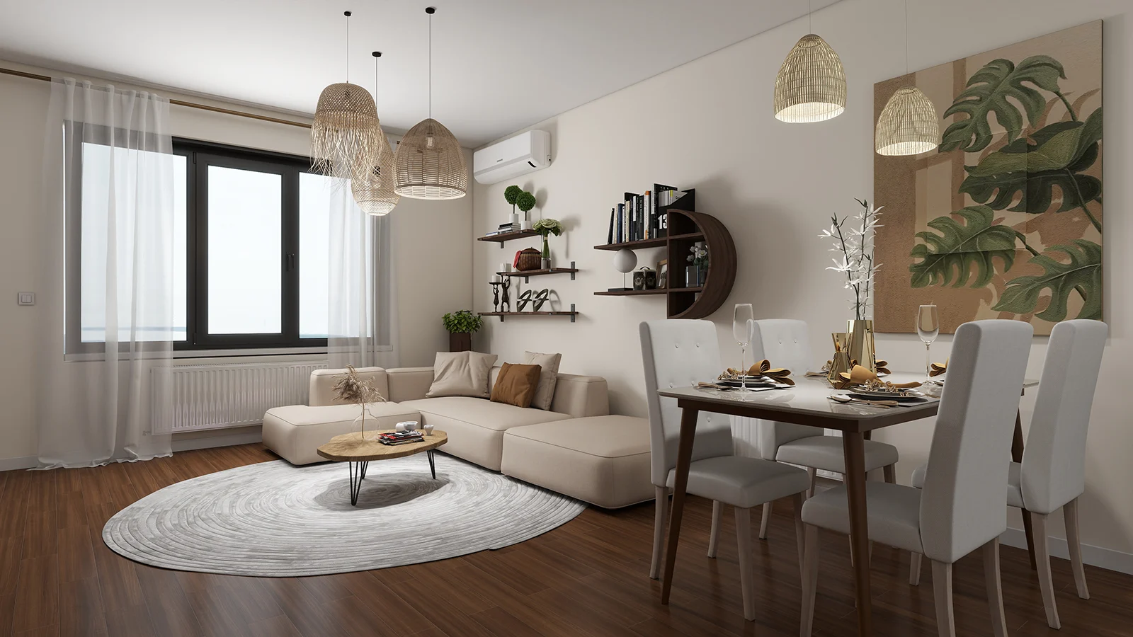 Dnevna soba sa trpezarijom, bež ugaonom garniturom i zidnim policama u stanu u Beogradu