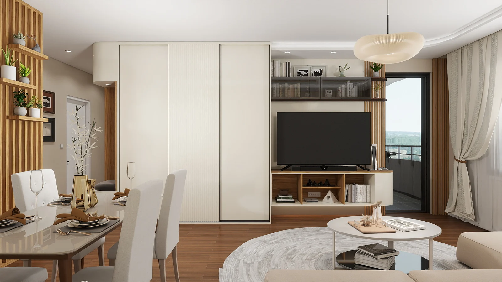 Dizajn enterijera dnevna soba sa trpezarijom, TV zidom i drvenim detaljima u stanu u Beogradu