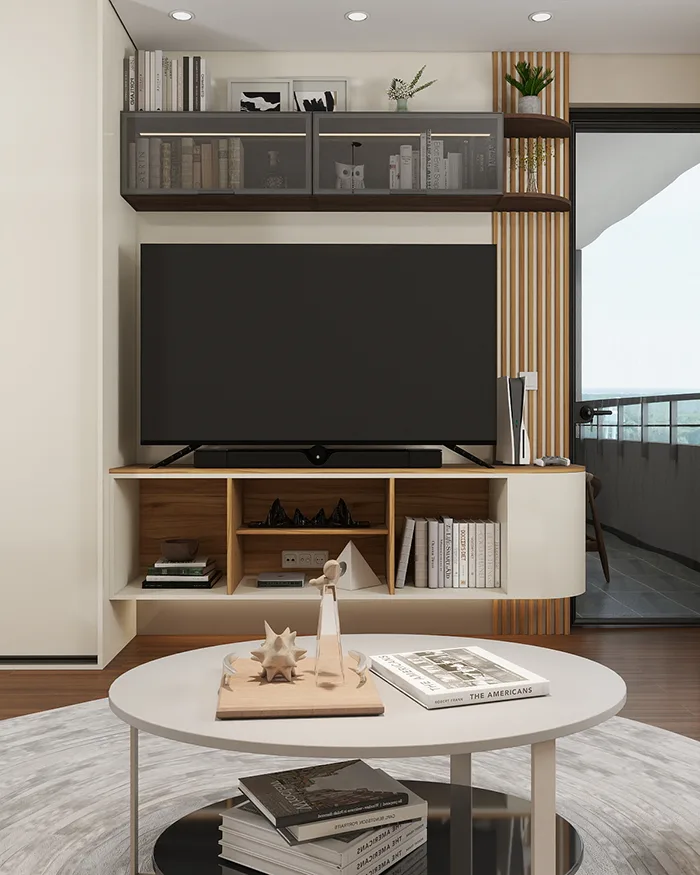 Dizajn dnevne sobe sa TV komodom, otvorenim policama i drvenim detaljima u stanu u Beogradu