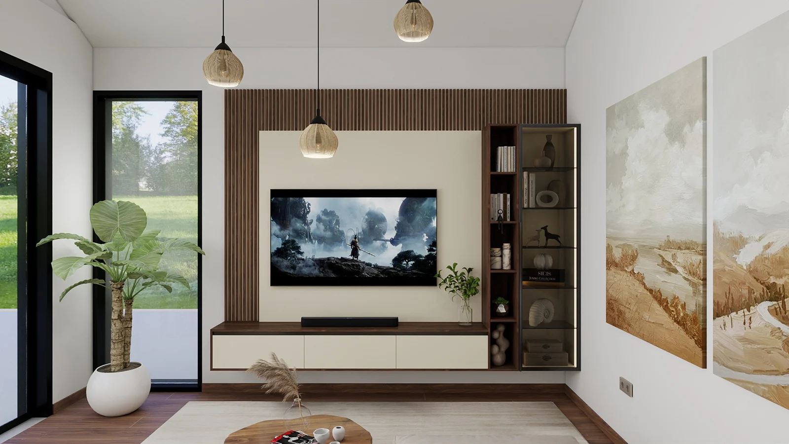 Moderan dnevni boravak sa TV zidom, visećom komodom i osvetljenom vitrinom po meri.