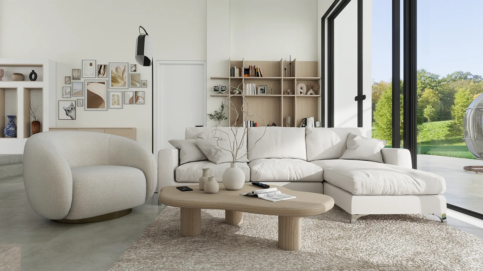 Modern Kosmaj villa living room with a light sectional sofa, curved furniture and custom shelving