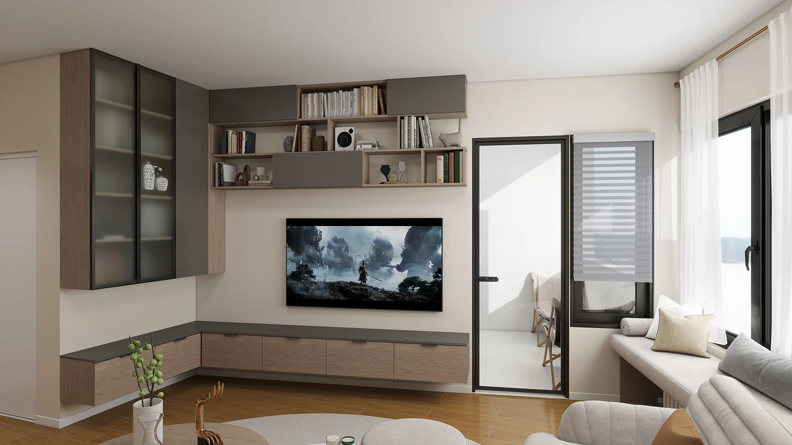  Custom TV cabinet design, modern design, floating TV shelf, perfectly integrated into the interior of the living room