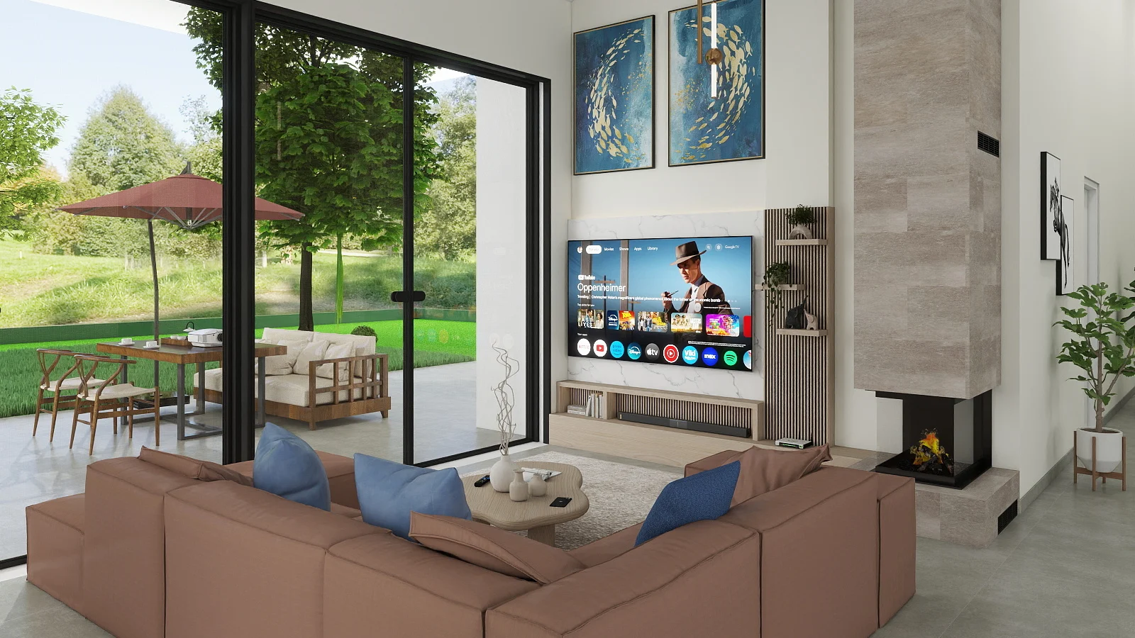 Open-plan living room with a modular sofa, modern TV wall, fireplace and direct garden access