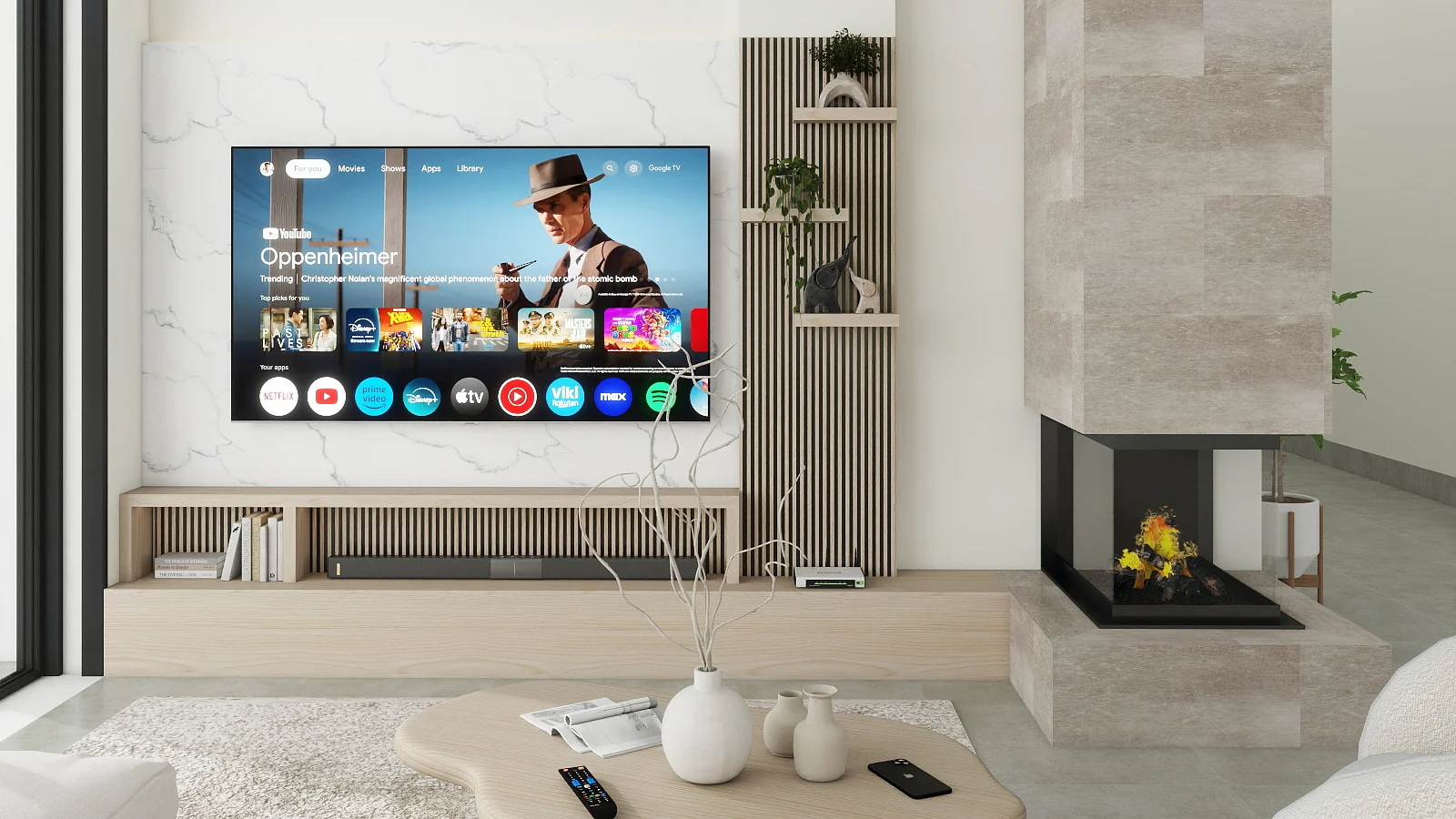 Custom TV wall with a marble panel, wood media unit, decorative slats and a contemporary fireplace