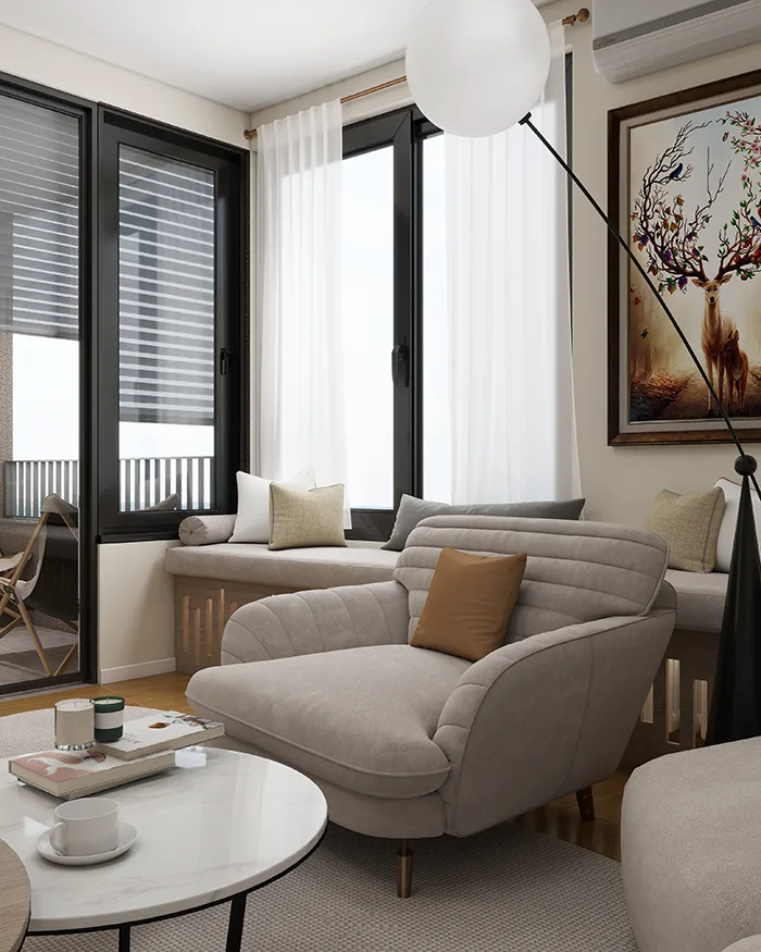 Lux living room in an apartment in Belgrade, comfortable armchair designed especially for this interior, reduced colors, modern interior design in Belgrade