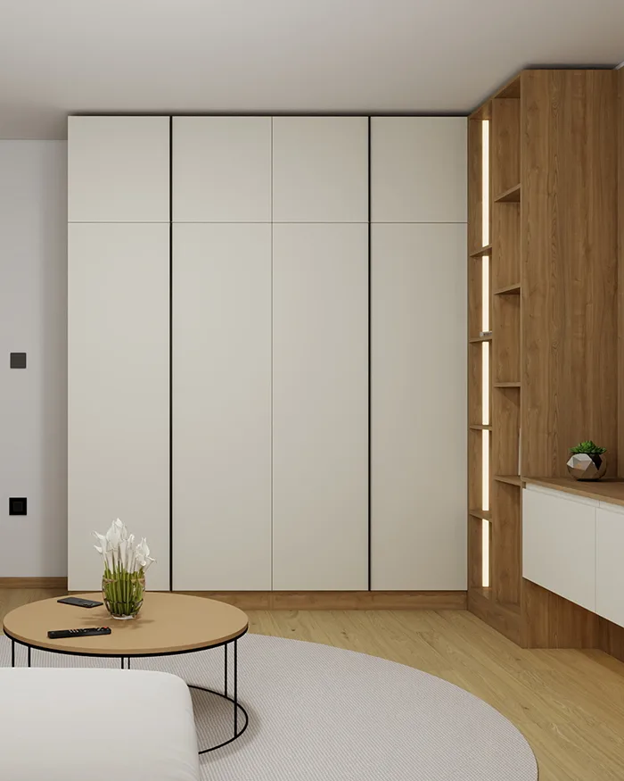 Ugradni plakar i otvorene police sa osvetljenjem u modernom enterijeru dnevne sobe