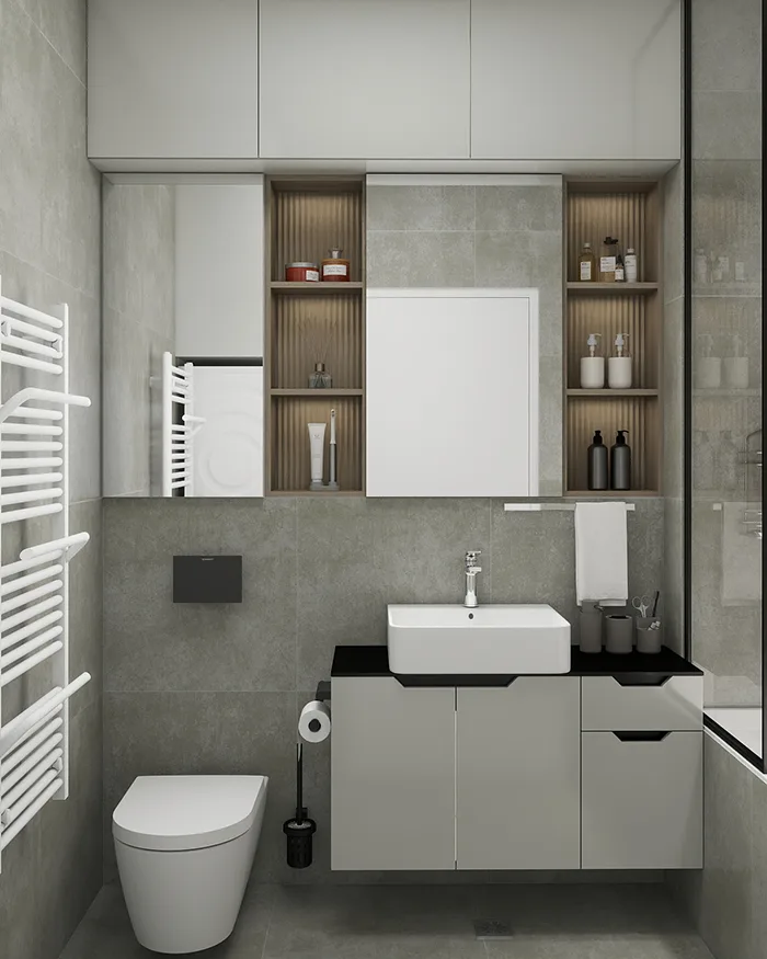 Modern bathroom with a sink, vanity unit and built-in shelves in an apartment in Belgrade