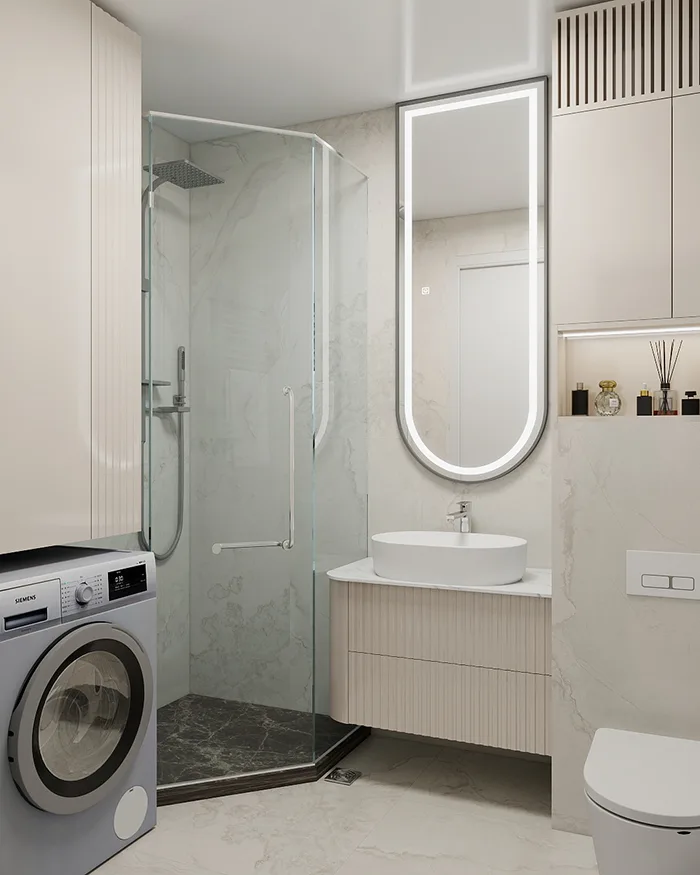 Luksuzno kupatilo sa walk-in tuš kabinom, mašinom za veš, lebdećim ormarićem i ovalnim LED ogledalom po meri