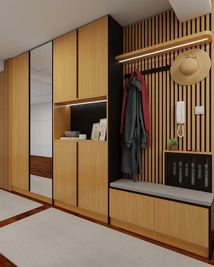 Ugradni plakar po meri sa klupom, otvorenom policom i zidnim letvicama