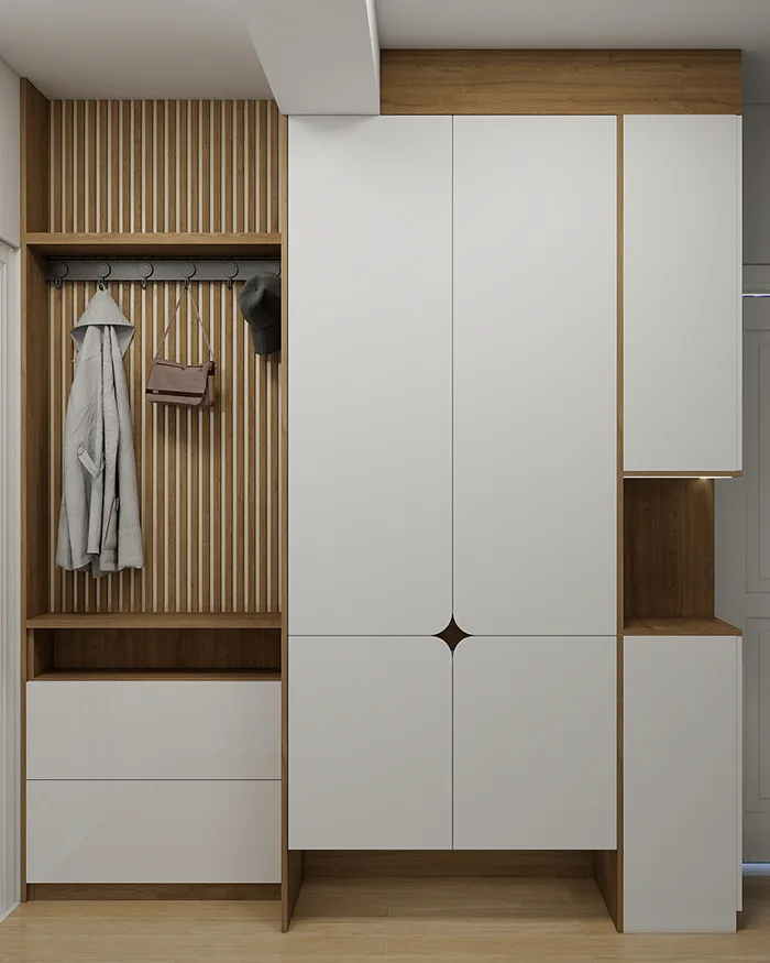 Ugradni ormar po meri za predsoblje sa otvorenim delom za kačenje garderobe i klupom za sedenje