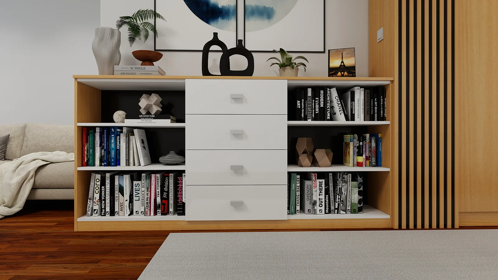 Polica po meri sa fiokama i otvorenim policama u kombinaciji drveta i belih frontova