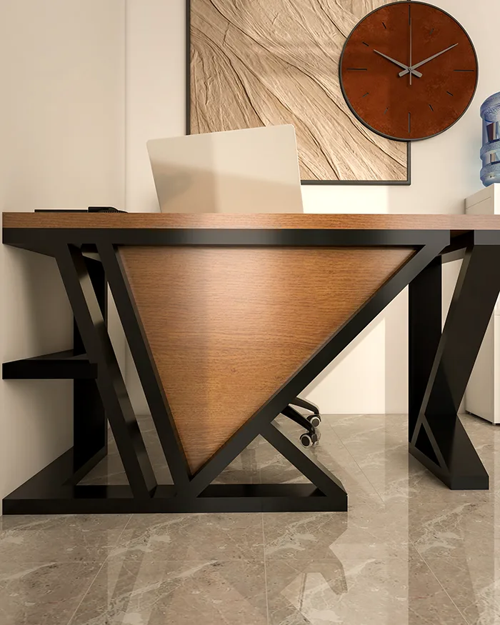 Krupni plan dizajnerskog kancelarijskog stola u futuristi;kom stilu sa modernim geometrijskim metalnim okvirima napravljen od materijala visokog kvaliteta za kancelariju u Beogradu na Vodi