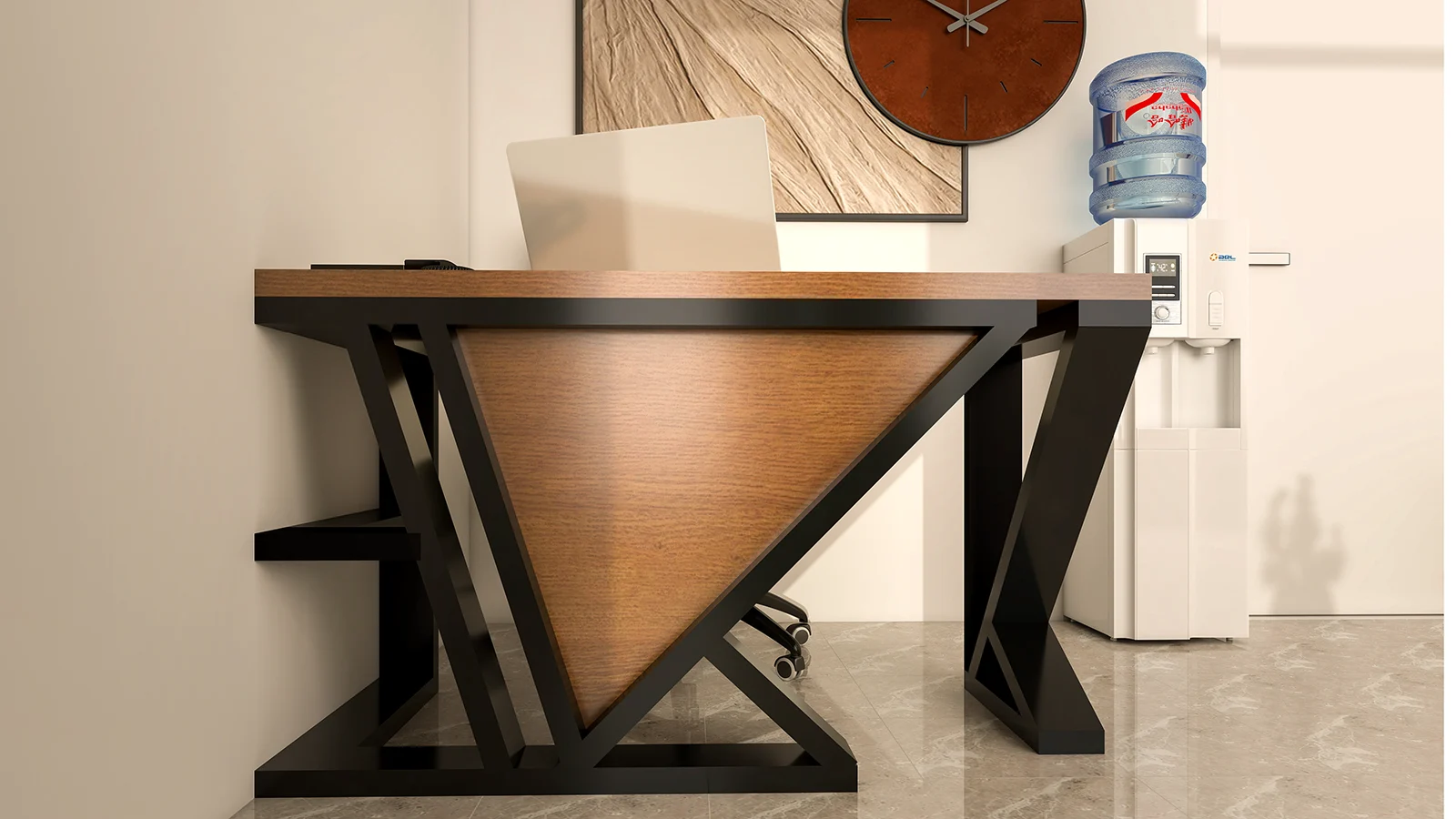 Savremeni poslovni radni prostor sa modernim kancelarijskim stolom po meri napravljenim od metala i visokokvalitetnog drveta, sa čistim elegantnim linijama i modernim dizajnom za vrhunski jedinstveni kancelarijski sto, Beograd na vodi