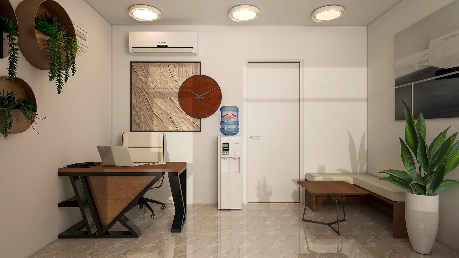 Savremeni ulaz u kancelariju sa minimalističkim nameštajem i akcentnim satom, recepcija sa kancelarijskim stolom po meri, dispenzerom za vodu i ugaonom klupom po meri, moderan dizajn enterijera poslovnog prostora u Belgrade Waterfront-u