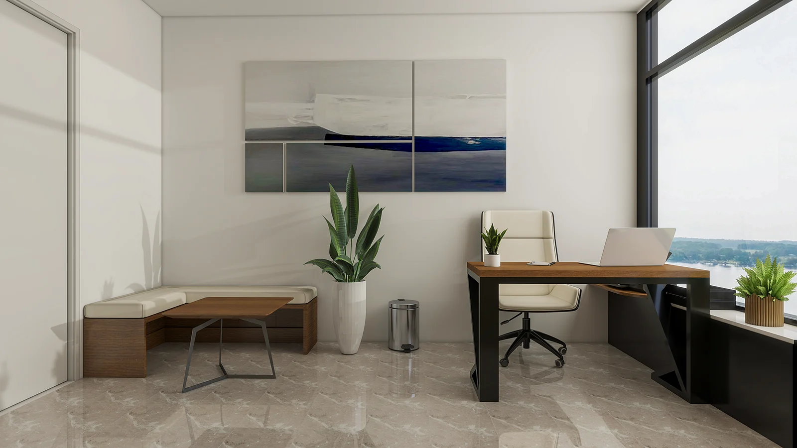 Savremeni dizajn poslovne kancelarije sa stolom po meri, ugaonom klupom, apstraktnom zidnom umetnošću i pogledom na reku, premium dizajn enterijera kancelarije u Belgrade Waterfront-u