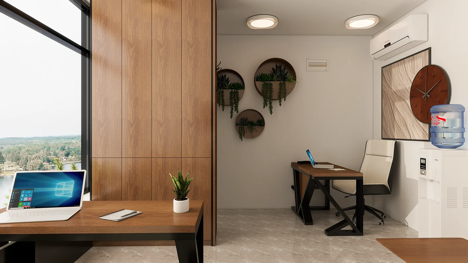 Svetla moderna kancelarija sa velikim prozorom, radnim stolom i biljkama, savremeni enterijer Beograd na vodi