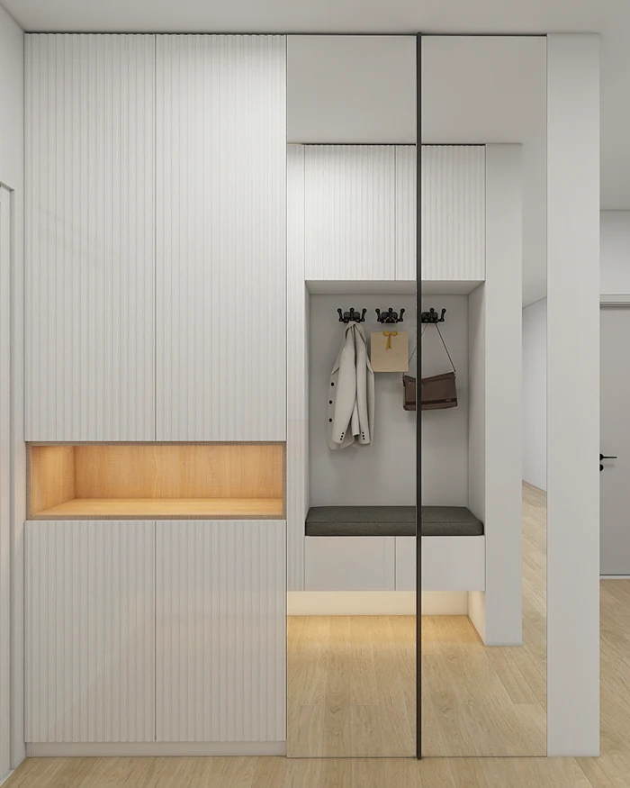 Custom entryway in Kosmaj with full-height mirror and LED-lit niche.