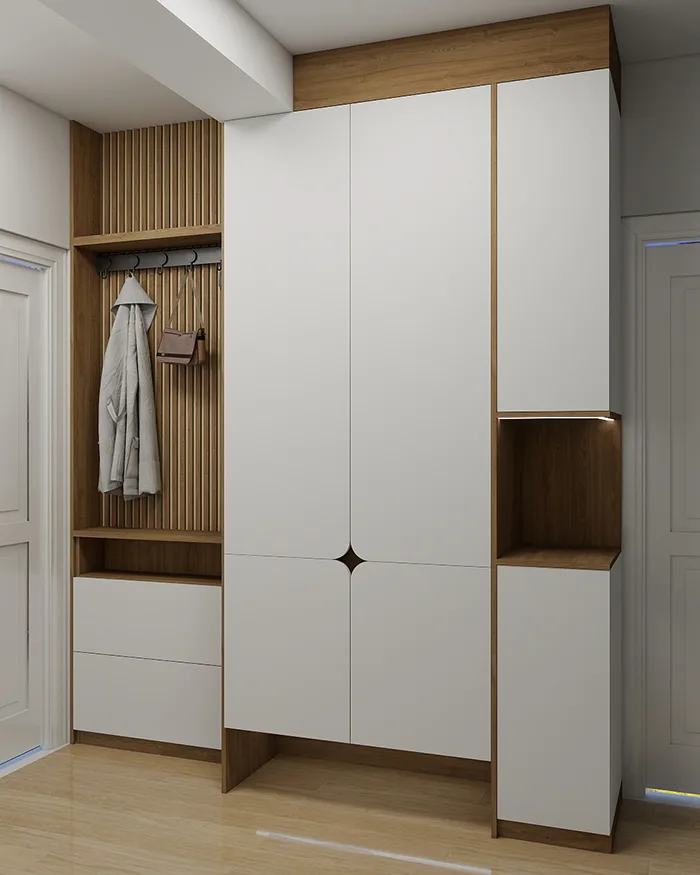 Modern entryway with custom closet, seating bench, and decorative wooden slat wall