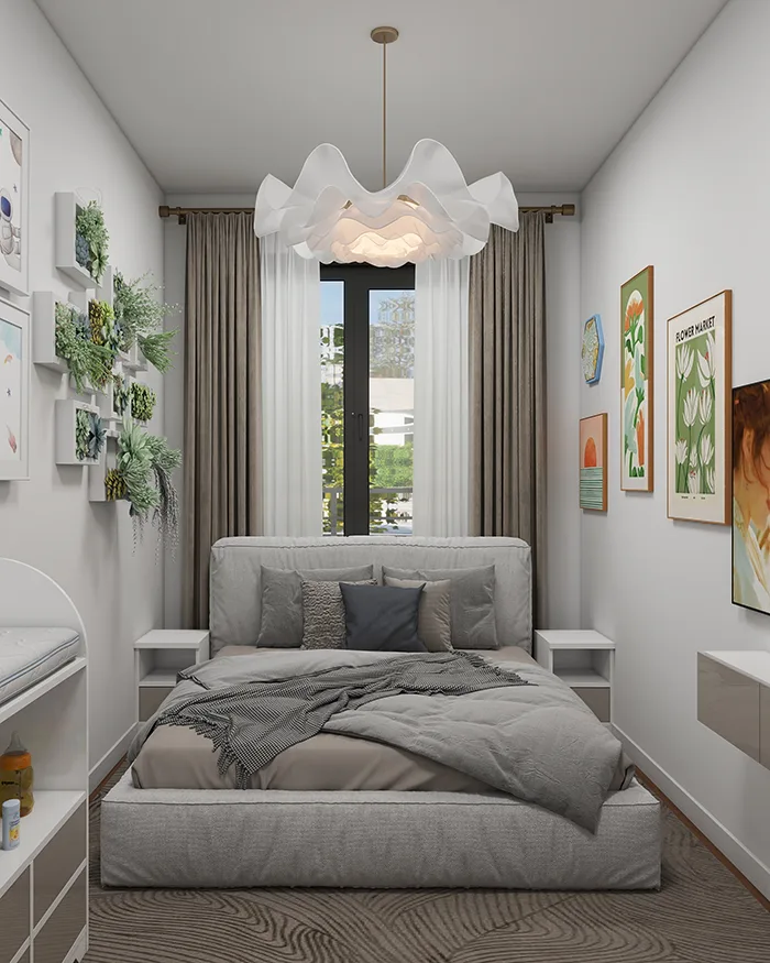 Moderna spavaća soba sa tapaciranim krevetom, umetničkim slikama i zavesama, dizajn enterijera stana u Beogradu