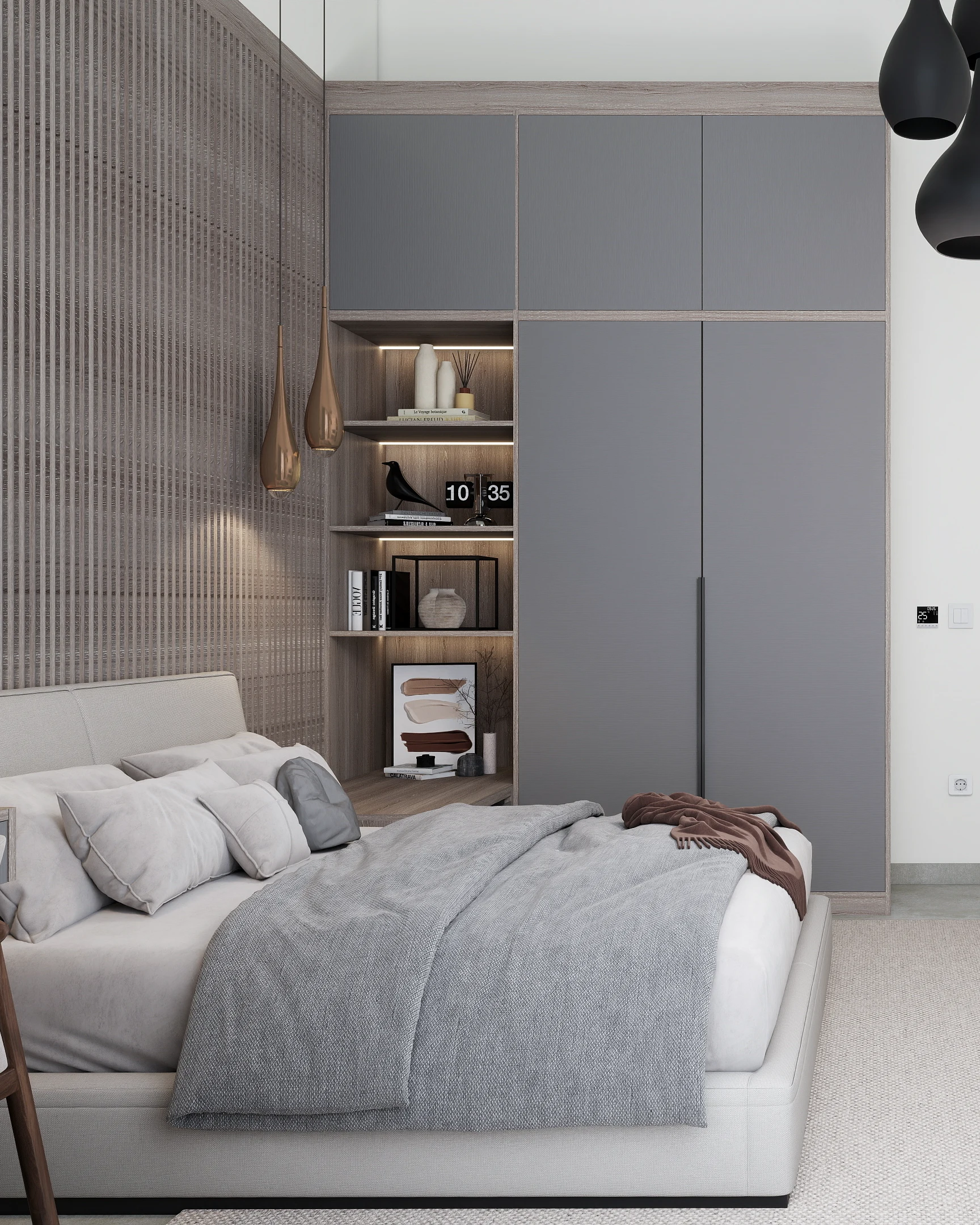 Rustic modern dizajn spavaće sobe sa krevetom po meri, ugradnim plakarom i drvenim dekorativnim letvicama