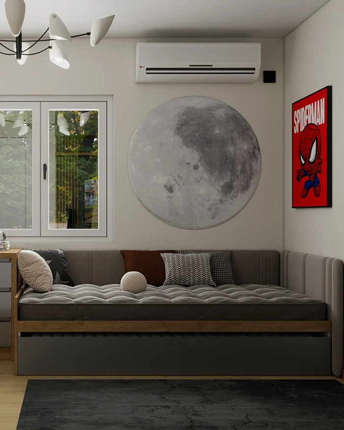 Daybed in a teen bedroom with wall decor, window and modern neutral tones