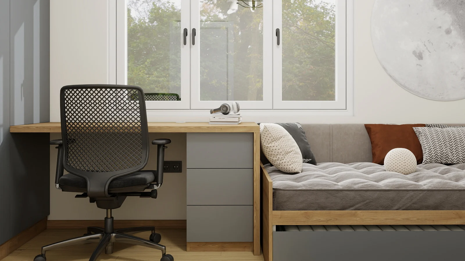 Custom desk beside the bed in a modern teen bedroom with window and functional layout