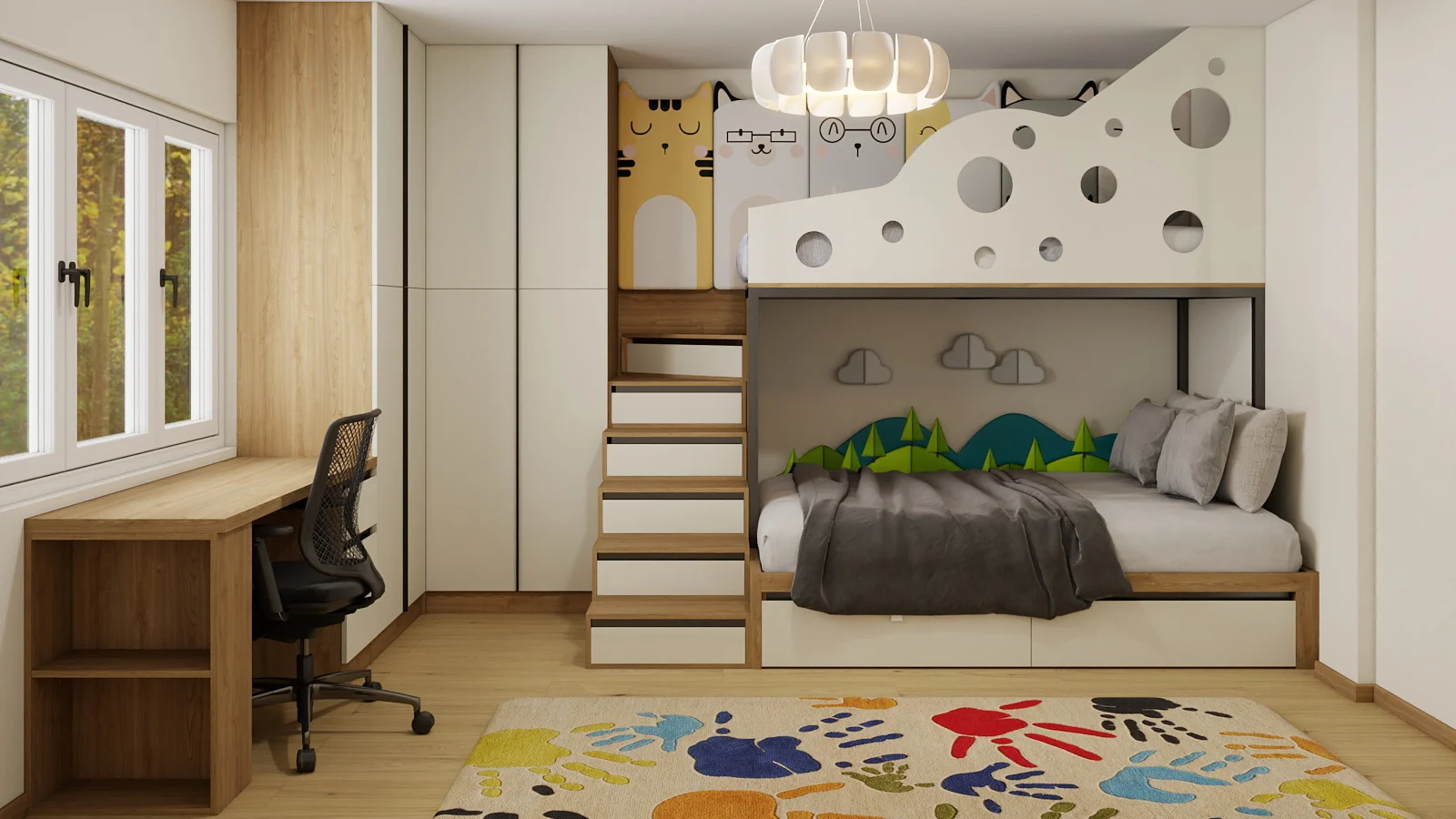 Children’s room with bunk bed, window desk, built-in wardrobe and custom furniture