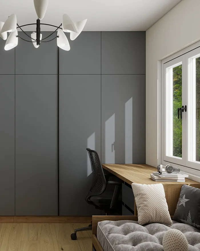 Teen bedroom with gray built-in wardrobe, window desk and modern minimalist design