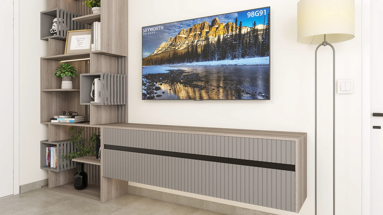 TV set sa visećom komodom i policama u modernom rustičnom stilu koji upotpunjuje dizajn ove elegantne spavaće sobe.