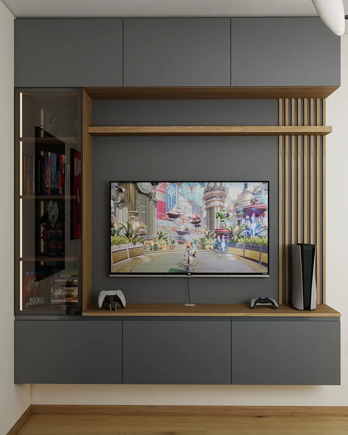 Custom TV wall with anthracite cabinets, glass display unit and shelves in a modern bedroom