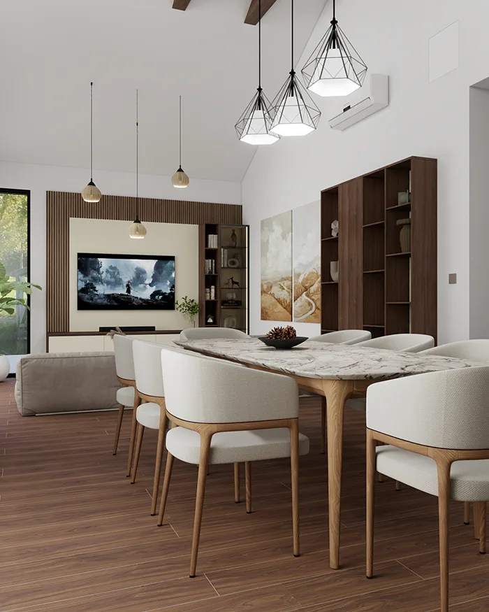 Contemporary dining room with a marble table, wooden chairs and coordinated custom-made shelving.